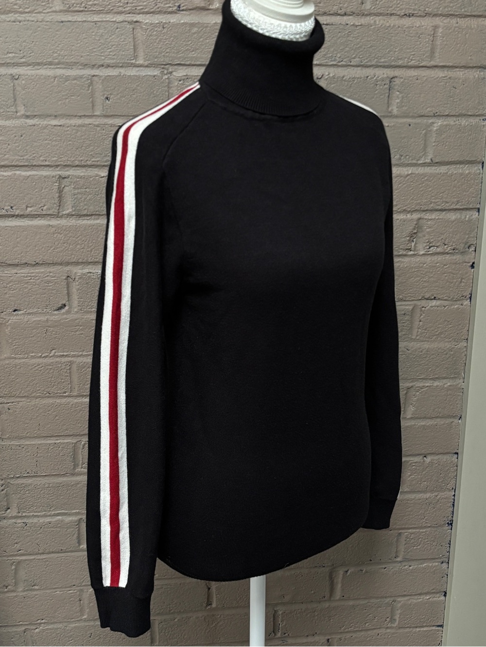 Black Turtleneck Sweater with Red & White arm stripe  M